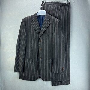 Mabro Suit Mens IT 54L‎ US 44L 2PC 34x30.5 Brown Blue Striped Wool Super 100s